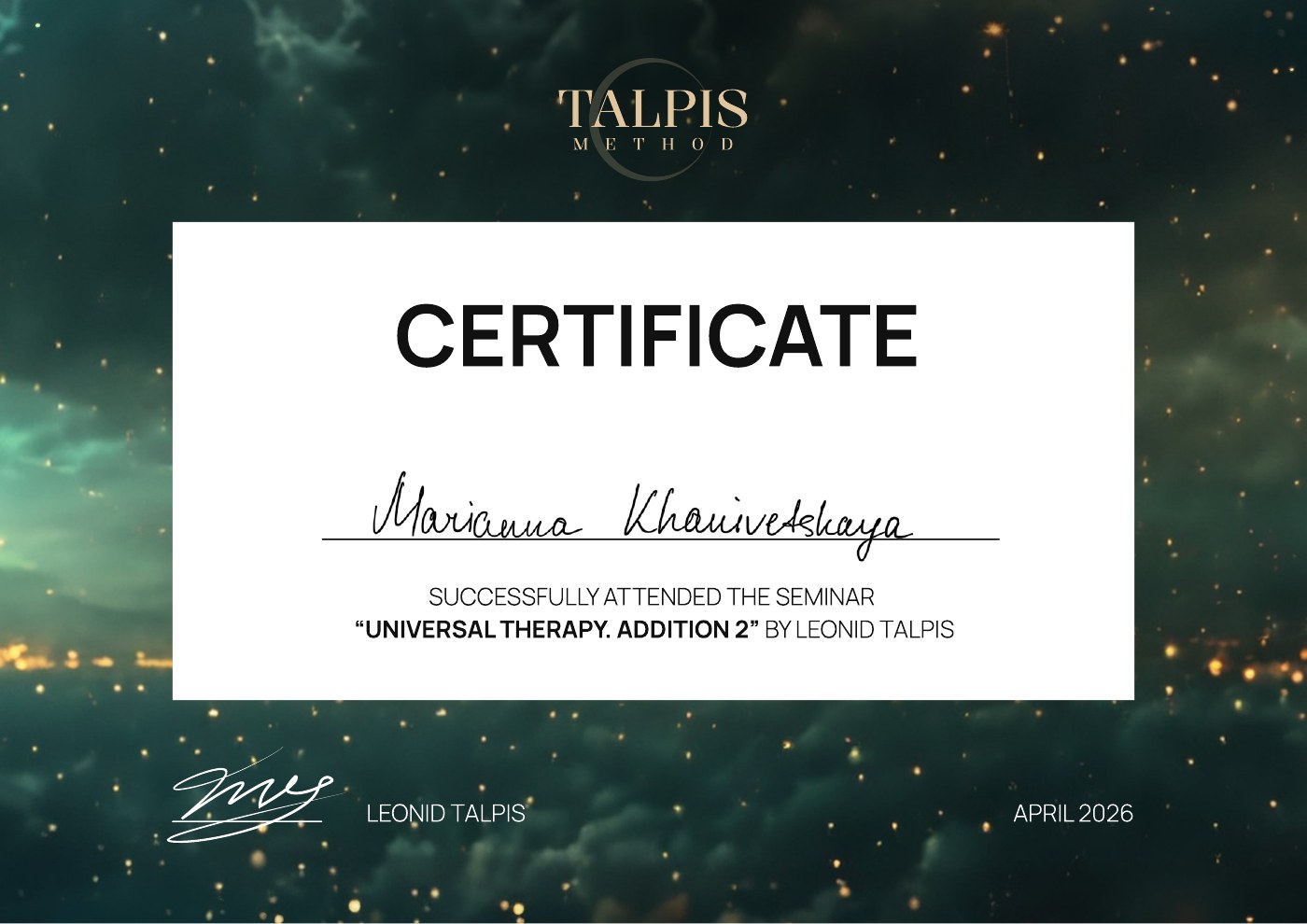 Addition 2, Seminar by Leonid Talpis, April 2026