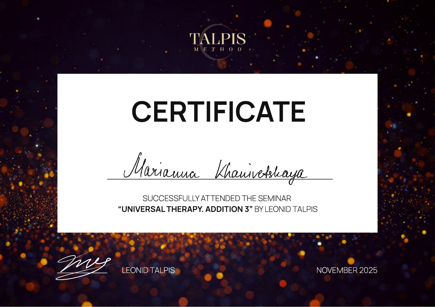 Addition 3, Seminar by Leonid Talpis, November 2025