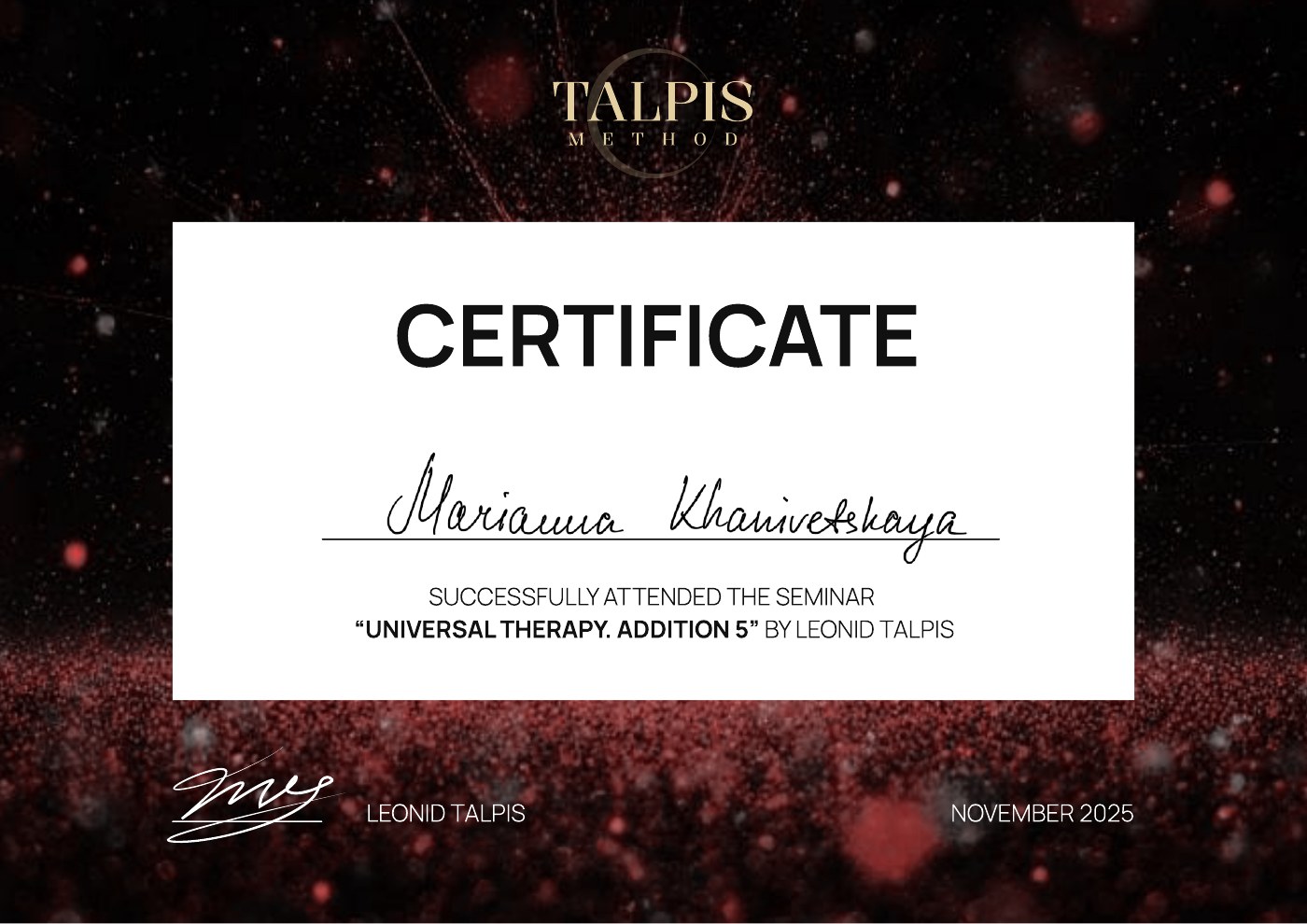 Addition 5, Seminar by Leonid Talpis, November 2025